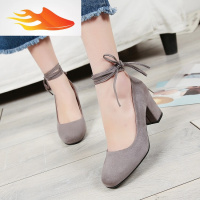 FISH BASKET春秋单鞋复古方头韩版中跟百搭粗跟脚胖脚宽大码女鞋41-43高跟鞋