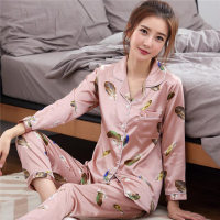 2019春季睡衣女长袖春秋薄款宽松套装仿丝开衫韩版大码仿冰丝纯色家居服青年 威珺