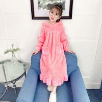 女童睡衣加绒秋冬款中大童法兰绒睡裙小孩家居服女宝宝珊瑚绒睡袍威珺