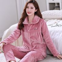 法兰绒睡衣女秋冬季加厚加绒珊瑚绒套装大码中老年长袖可爱家居服威珺
