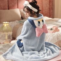 睡衣女秋冬中长款卡通可爱珊瑚绒睡裙冬天加厚加绒连帽法兰绒睡袍威珺