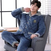 睡衣男冬季三层加绒加厚珊瑚绒夹棉套装法兰绒男士家居服大码睡袄威珺