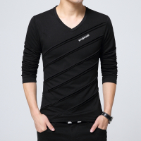 春秋季薄款长袖T恤男v领韩版修身加绒打底衫青年加大码男装上衣小衫 威珺