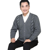 2019新款加绒加厚秋冬中老年人男式打底衫针织衫休闲爸爸V领开衫毛衣大码外套威珺