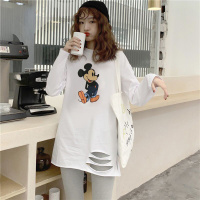 含棉中长款白T恤女加绒加厚长袖宽松上衣潮下摆破洞打底衫女冬威珺