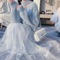 温柔风高腰珍珠网纱半身裙秋女中长款a字仙女裙冬天配毛衣纱裙威珺