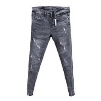 社会精神小伙九分裤男紧身小脚潮男灰色牛仔裤破洞猫须 9分铅笔裤威珺