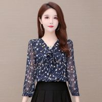 2021春季新款小衫雪纺衬衫女气质修身碎花休闲衬衣V领上衣潮时髦