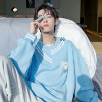 日系学院圆领套头卫衣男春秋情侣长袖撞色拼接不规则上衣男潮无帽