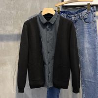 2021年秋季男士假两件针织开衫时尚百搭衬衫领外套男黑色毛衣潮流威珺