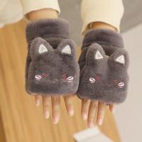 手套女冬韩版防寒保暖加绒加厚半指学生写字可爱卡通毛绒翻盖手套威珺