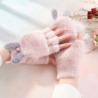 毛绒手套秋冬半指翻盖保暖手套学生写字男女加厚露指触屏儿童手套威珺