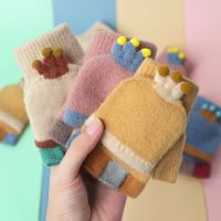 儿童手套冬季中大童小学生女童女孩保暖半指翻盖露指半截男童写字威珺