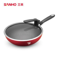三禾锅具 万锤炼不粘无油烟炒锅带可立锅盖搬家送礼结婚喜庆石榴红色不粘锅 CLF3018-3 30cm
