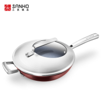 三禾(sanho) 32cm无油烟不粘炒菜锅 燃气电磁炉通用平底煎炒锅赠硅胶铲 彩瓷陶铸CLF3219-2 中餐厅同款