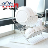 304不锈钢折叠碗碟架双层厨房置物X型沥水架免装带接水盘收纳架 三维工匠