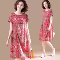 品彩(PinCai)2019新款大码女装文艺印花短袖连衣裙中长款宽松A字裙女夏