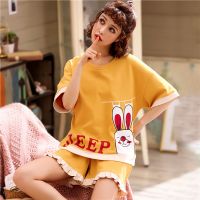 [套装]睡衣女夏季纯棉短袖短裤夏天韩版学生薄款可爱清新家居服两件套装