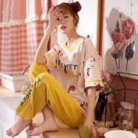 短袖长裤睡衣女夏季纯棉学生韩版可爱薄款半袖女士两件套装家居服
