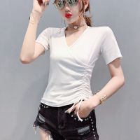 【品彩】修身紧身短袖V领T恤2020夏季女装新款时尚设计感抽绳ins上衣