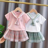 [品彩]女童套装2021夏装新款洋气女宝宝百褶裙儿童学院风两件套裙单件潮