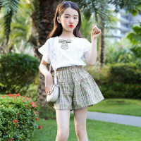 [品彩]2021夏季新款女童套装可爱甜美风喇叭袖格子夏装时尚潮流宝宝套装