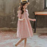 [品彩]女童网红连衣裙夏装2021新款中大童高腰宽松短袖格子洋气公主裙