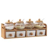 家用调料盒竹木架调味盒陶瓷调料罐陶瓷双层调味罐组合套装