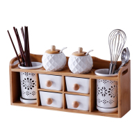 厨房创意厨房调味罐 玻璃盐罐镂空筷子筒 竹木架调味盒陶瓷调料罐