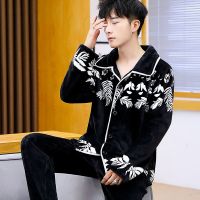 睡衣男士季中国风树叶花法兰绒睡衣加厚保暖大码家居服套装衫伊格