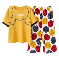 睡衣女夏季新款春秋天纯短袖七分裤可爱卡通外出网红家居服衫伊格