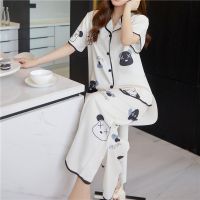 新款冰丝睡衣女夏季短袖韩版可爱网红仿真丝绸卡通春秋家居服套装衫伊格