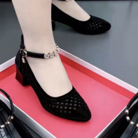 [网红]夏季单鞋女网纱透气一字扣浅口尖头凉鞋水钻粗跟女鞋威珺