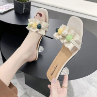 凉拖鞋夏外穿中跟气质女高跟鞋21新款软皮细跟荷叶花边水晶跟拖鞋威珺