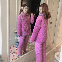 水晶绒睡衣女冬季加厚加绒大码三层夹棉法兰绒保暖家居服套装外穿衫伊格