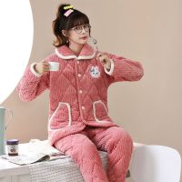 法兰绒三层夹棉睡衣女冬季加厚珊瑚绒棉袄可爱加绒保暖家居服套装衫伊格