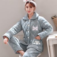 睡衣女冬季三层加厚夹棉冬天法兰绒珊瑚绒保暖棉袄大码家居服套装衫伊格