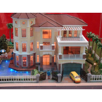 (实物图纸)高档三层双车库梯井中空尖屋顶洋楼设计图带效果图 18x20()