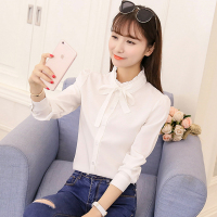2019春季女装新款百搭韩范白色长袖衬衫女显瘦雪纺蓝色学生打底衫 臻依缘