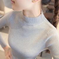 春秋装半高圆领毛衣打底衫女长袖短款线衣秋冬套头百搭修身紧身针织衫 臻依缘