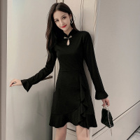 小黑裙秋冬装2019新款收腰显瘦法式改良旗袍长袖连衣裙女臻依缘