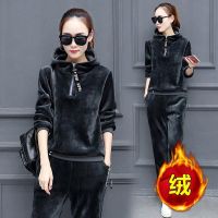 休闲金丝绒运动套装女潮冬季新款时尚加绒加厚卫衣双面绒两件套女臻依缘