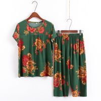 棉绸套装妈妈夏季居家衣服 中老年女装夏装短袖套头T恤七分裤套装臻依缘
