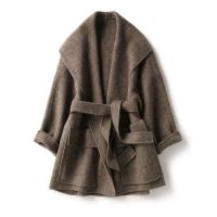 时尚oversize并肩大翻领腰带人字纹毛呢外套女宽松大码保暖大衣潮 臻依缘