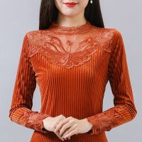 加厚金丝绒打底衫女长袖T恤韩版秋冬季镂空蕾丝上衣修身大码女装 臻依缘
