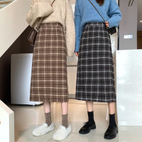 2020秋冬新款韩版毛呢格子中长款开叉A字包臀半身裙直筒裙过膝女臻依缘
