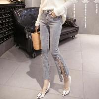 牛仔裤女春季新款韩版钉珠开叉弹力高腰九分裤修身显瘦微喇叭裤 臻依缘