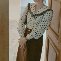 海军风波点蕾丝拼接复古雪纺衬衫衬衣女春款长袖上衣外穿复古港味 臻依缘