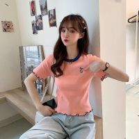 网红洋气刺绣木耳边 T恤女短袖2020夏季新款修身显瘦短款韩版上衣 臻依缘