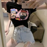 棉短袖T恤女夏季新款个性卡通印花修身显瘦短款露脐上衣潮ins 臻依缘